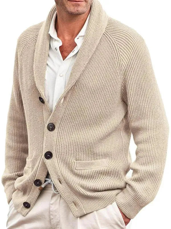Winston beige shawl collar cardigan with patch pockets, front view