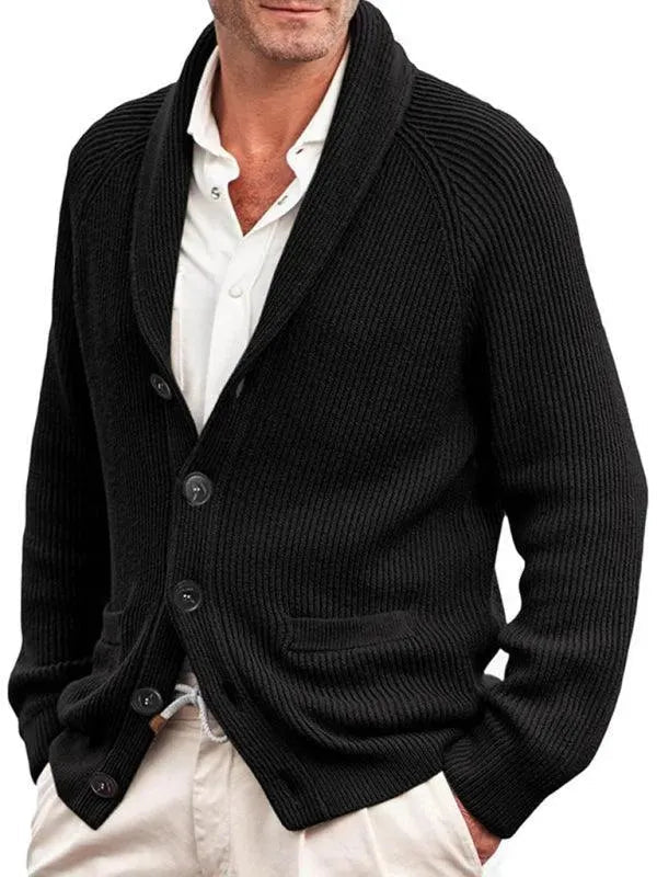 Winston black shawl collar cardigan styled with white trousers