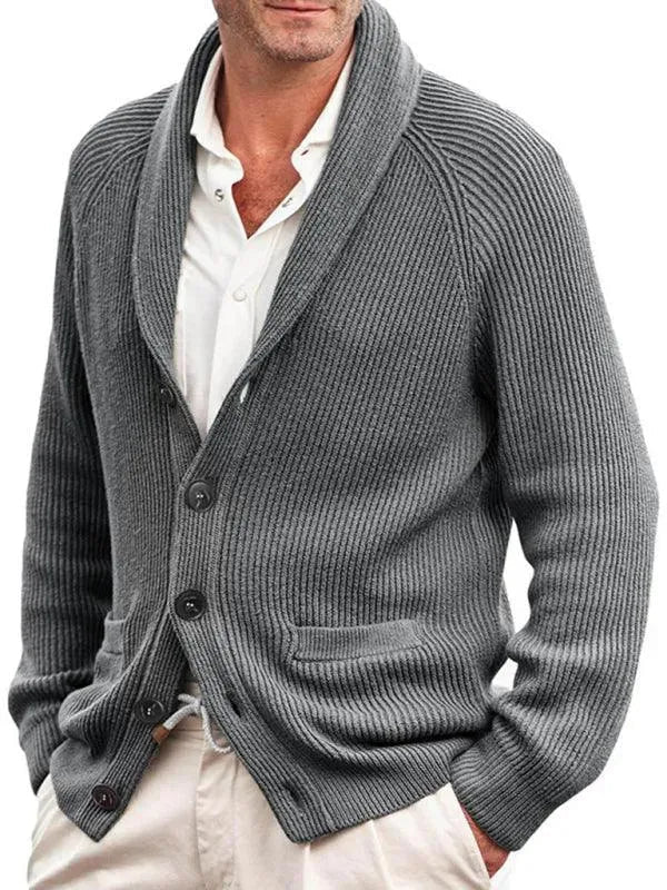 Winston grey ribbed knit cardigan, close-up front view