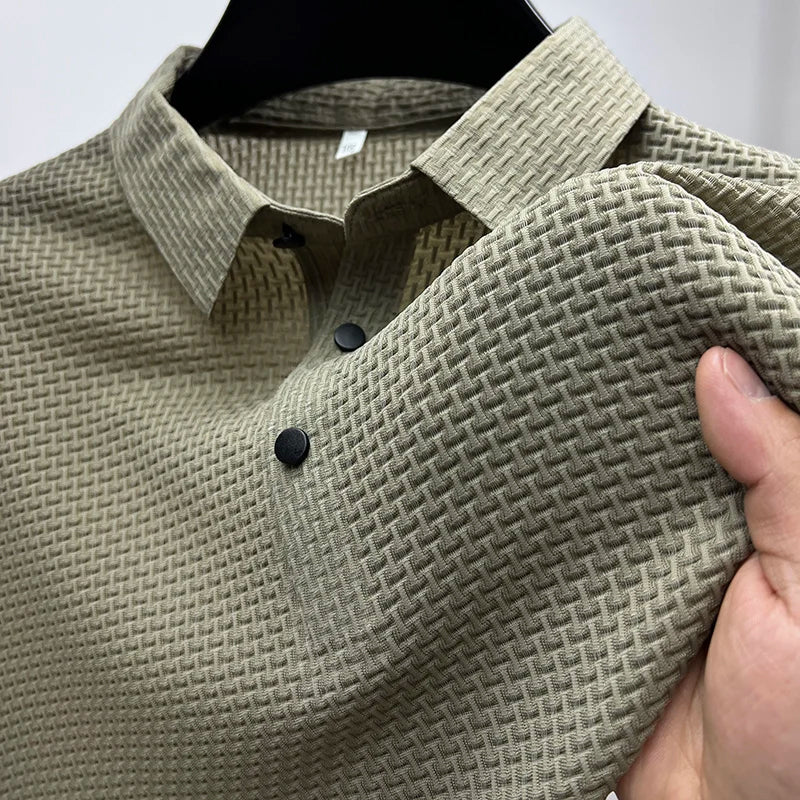 Winston olive textured knit polo shirt, close-up of collar and buttons