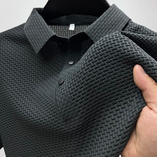 Winston charcoal textured knit polo shirt, front detail view