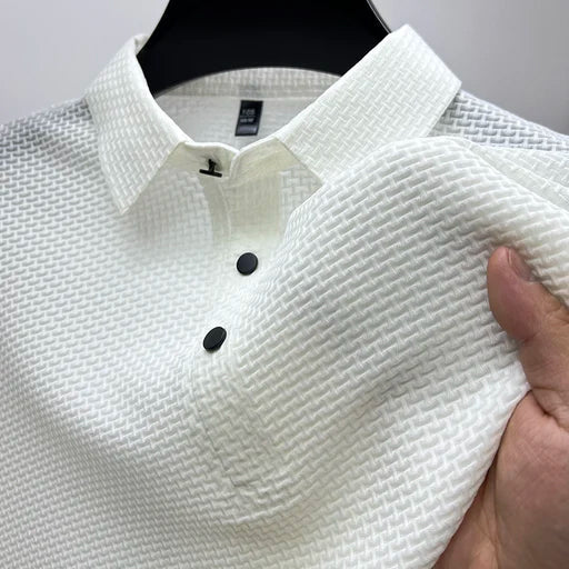 Winston white textured knit polo shirt, close-up of collar and placket